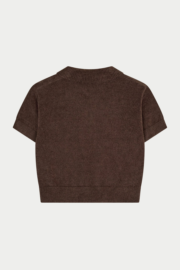 TOWELLING OPEN COLLAR T-SHIRT - CHOCOLATE