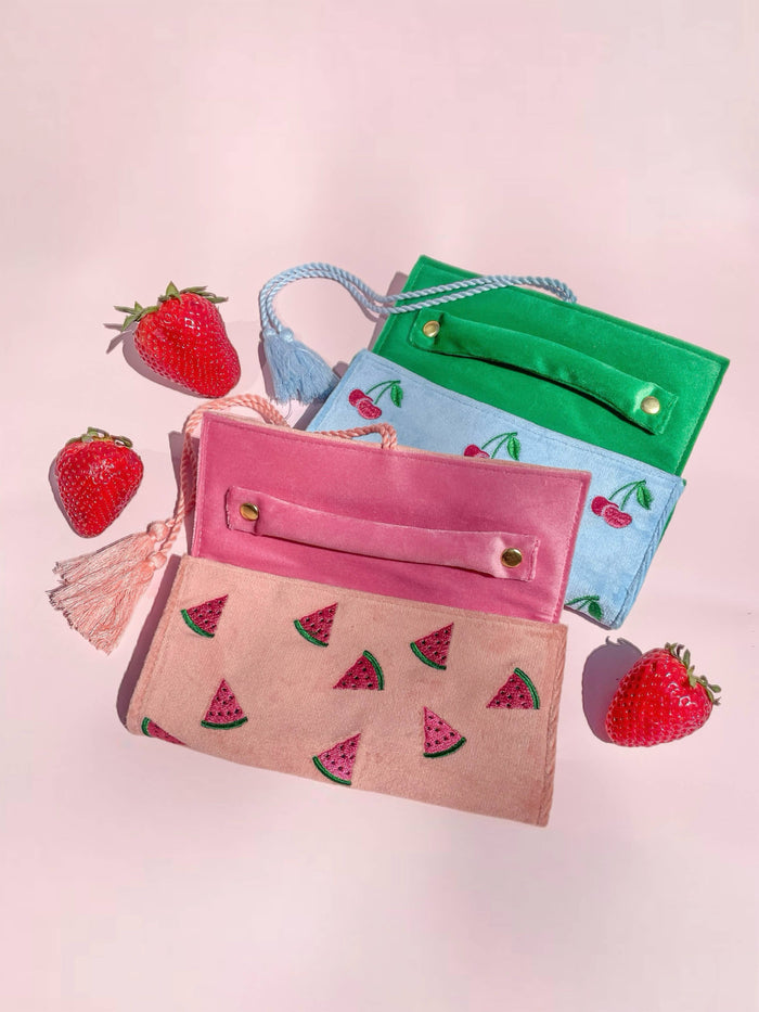 Watermelon Travel Jewelry Roll // Embroidered Velvet