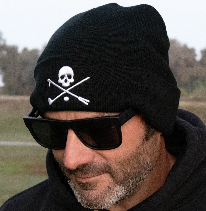 Black X Bones Men's Golf Beanie with embroidered skull and crossbones logo