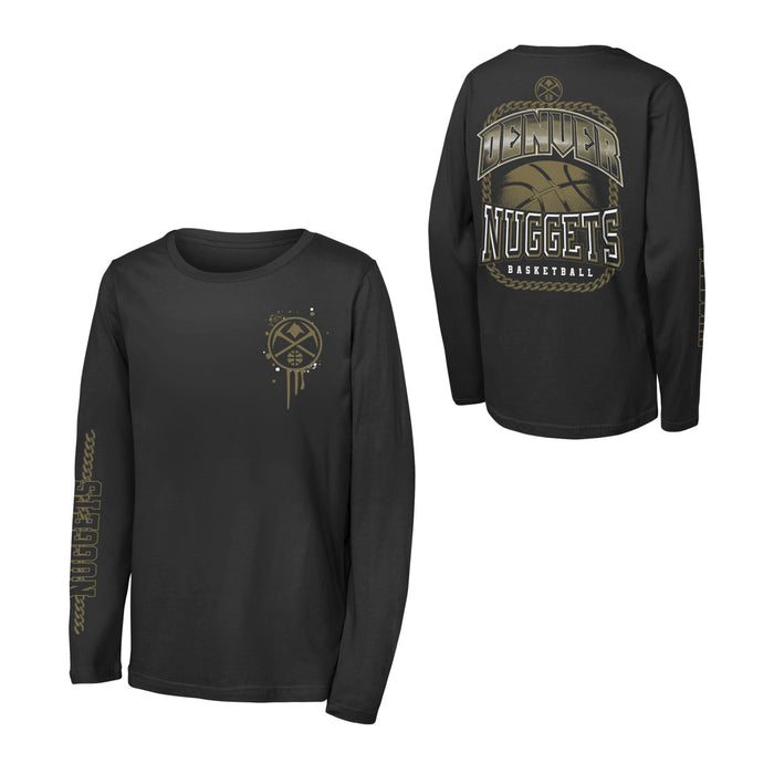 image showcasing both the front and back designs of the black long-sleeve shirt. The larger image in the foreground shows the front view with its small gold left-chest emblem and decorated right sleeve. A smaller angled thumbnail in the background displays the large, gold-framed basketball graphic emblazoned across the back