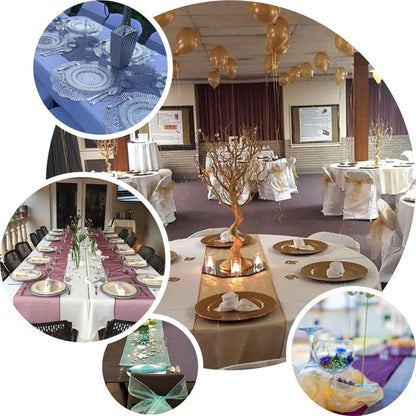 Elegant event decoration featuring tables set with fine linens and centerpieces.
