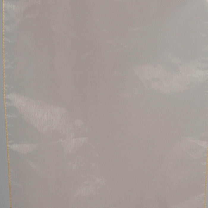 Gray fabric with a subtle sheen and golden trim.