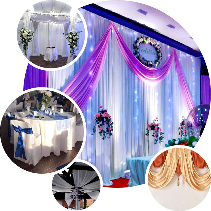 Elegant wedding backdrop with draped fabric and floral accents.