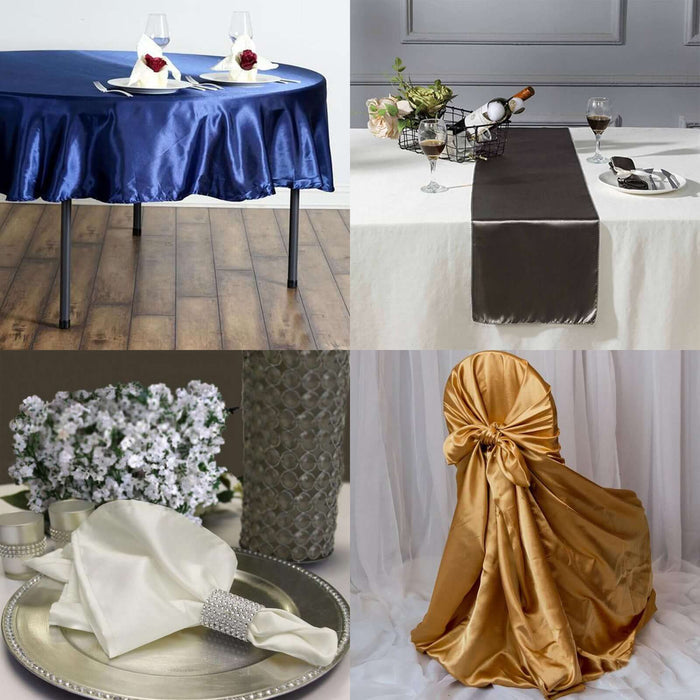 Elegant table settings with satin tablecloths and decorative napkins.