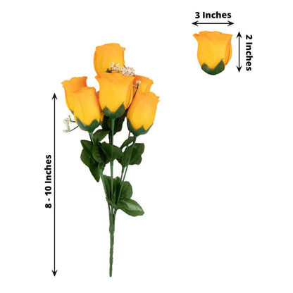 Yellow artificial roses bouquet with dimensions 8-10 inches tall.