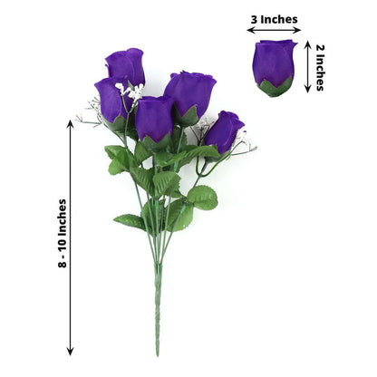 Purple artificial roses bouquet, 8-10 inches tall, with additional dimensions.