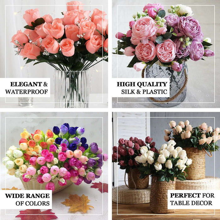 Elegant and waterproof silk flowers in various colors for table decor.