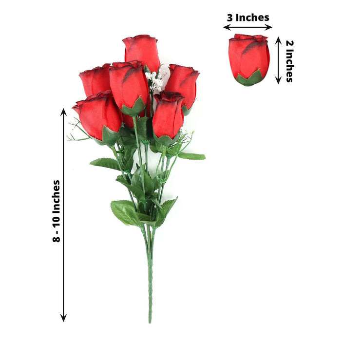 Red artificial rose bouquet, 8-10 inches tall, with 9 roses and green leaves.