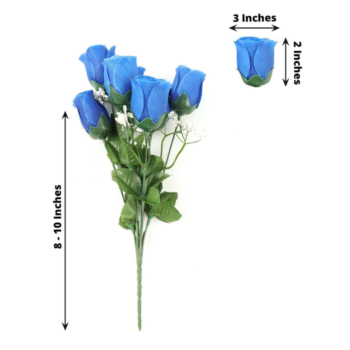 Blue artificial roses bouquet with measurement guide.