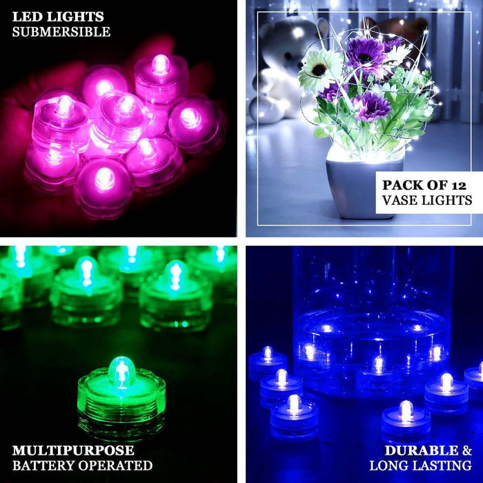 Pack of 12 submersible LED vase lights in various colors.