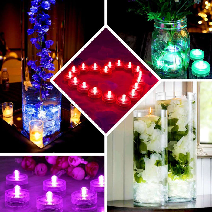 Colorful LED lights in glasses and candles creating a vibrant decor display.