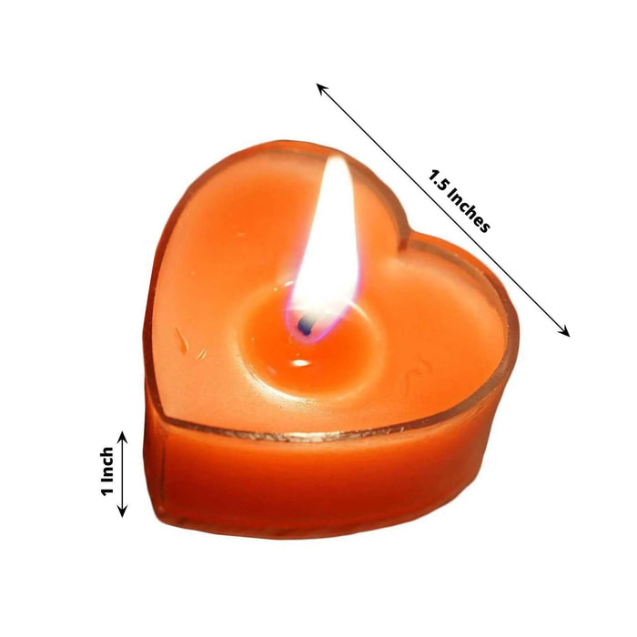 Heart-shaped orange candle with flame, dimensions 1.5 inches by 1 inch.
