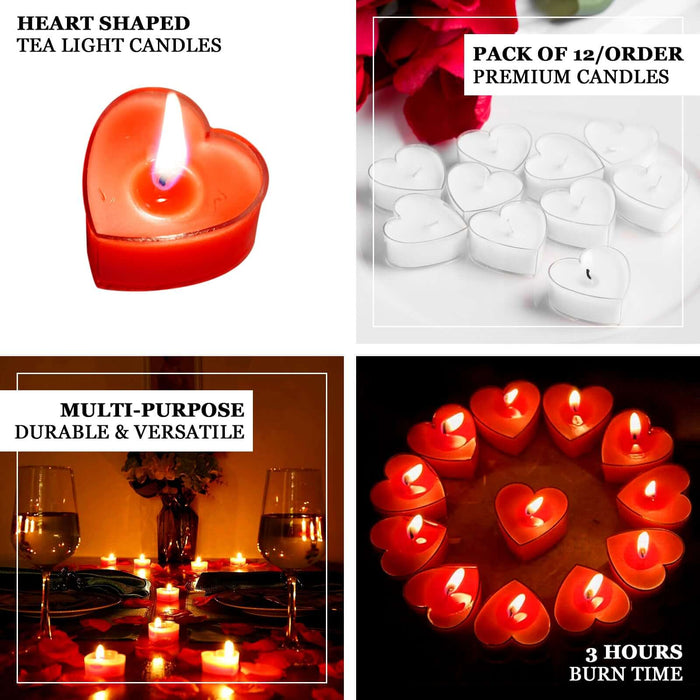 Heart-shaped tea light candles, pack of 12, versatile with 3-hour burn time.