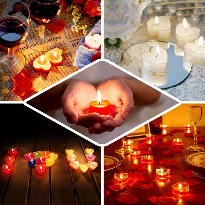 Romantic candlelight dinner setup with heart-shaped candles and wine.