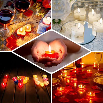 Romantic candlelight dinner setup with heart-shaped candles and wine.
