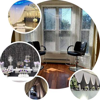 Decorative event space with sheer curtains and elegant decor elements.