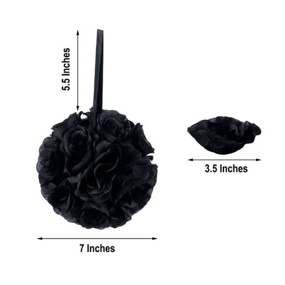 Black floral arrangement with hanging ribbon, measuring 7 inches.