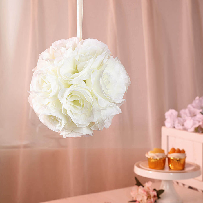 White rose floral bouquet hanging decor for weddings or events.
