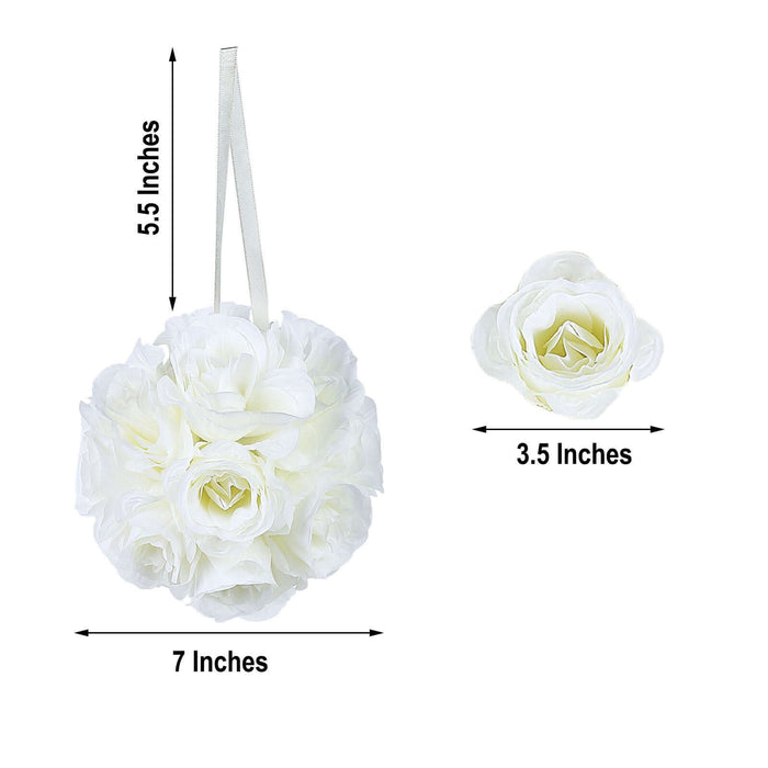 White flower pomander ball and rose, sizes 7” and 3.5” respectively.