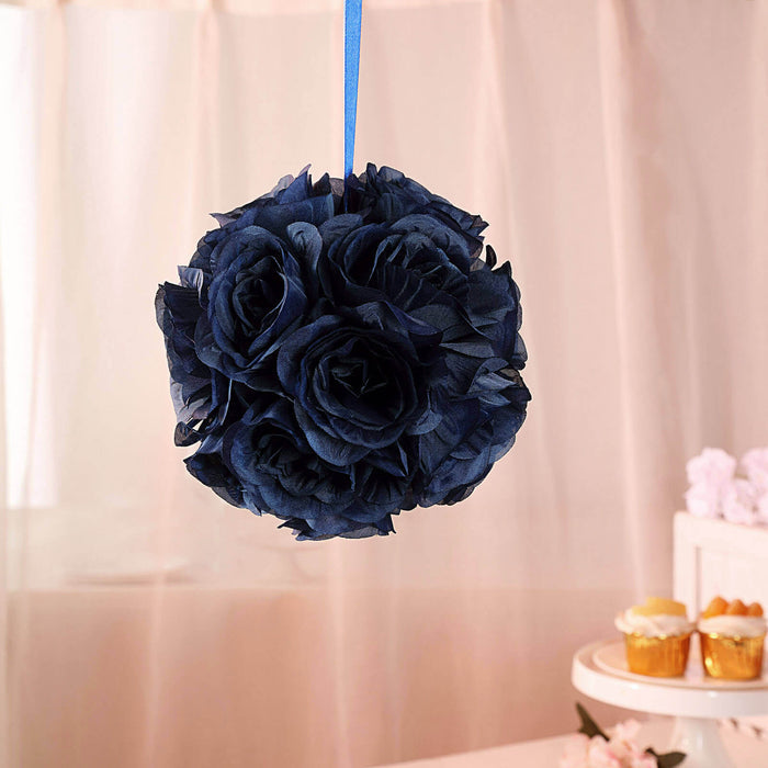 Navy blue floral ball decoration with ribbon hanger