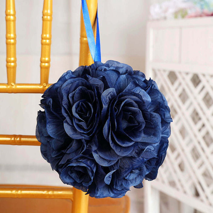 Navy blue floral centerpiece hanging from a chair