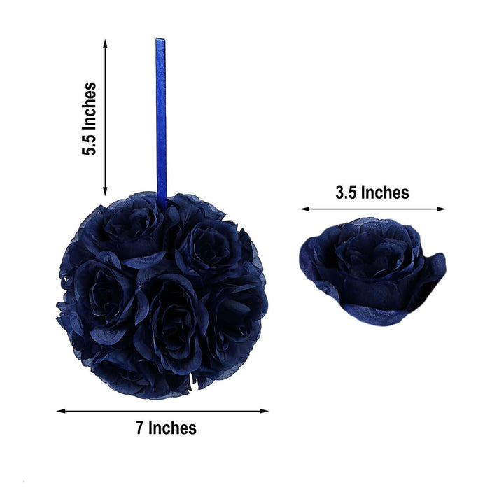 Navy blue flower ball decoration with a matching rose, dimensions labeled.