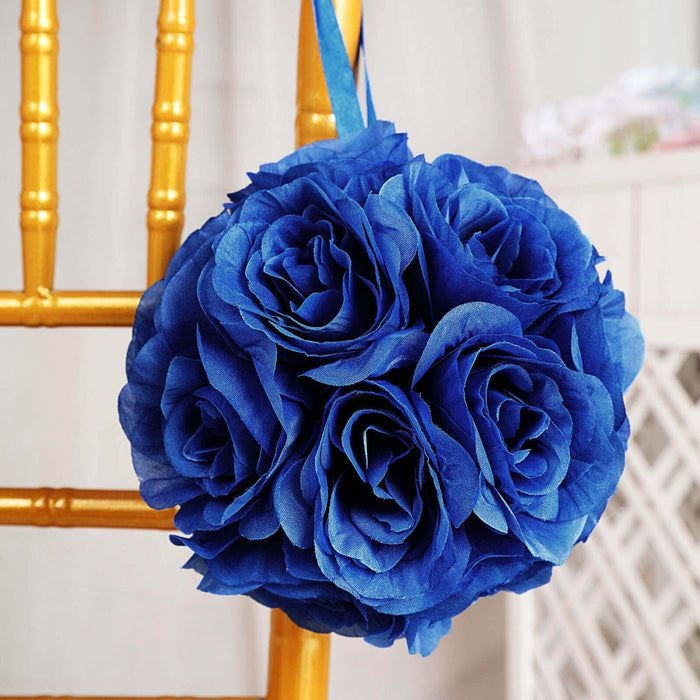Blue floral bouquet hanging on a gold chair.
