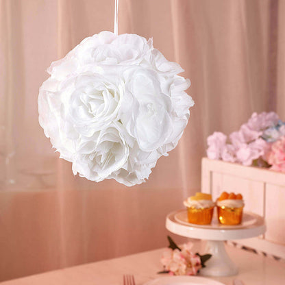 White floral hanging ball decoration for events or home decor.