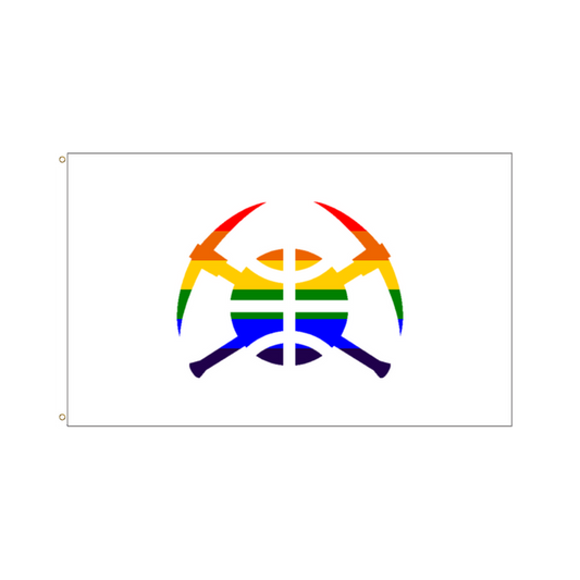 Rainbow pickaxe basketball Nuggets logo. Red,Orange,Yellow,Green, Blue, Purple on white.