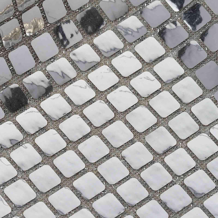 Shiny silver and white mosaic tile pattern for interior design or decor.