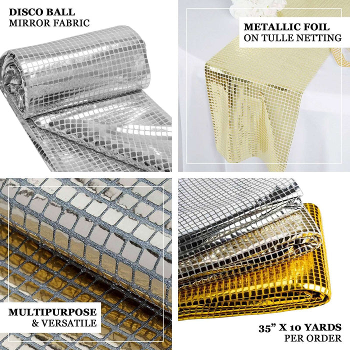 Disco ball mirror fabric and metallic foil on tulle netting, 35" x 10 yards per order.
