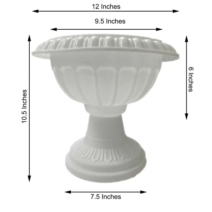 White decorative urn with measurements: 12x9.5x6 inches.