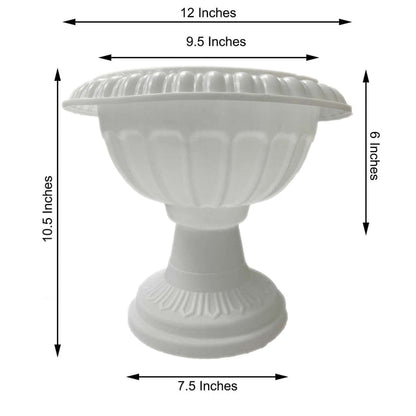 White decorative urn with measurements: 12x9.5x6 inches.