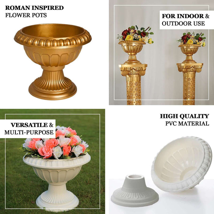 Roman-inspired flower pots in gold and white, versatile for indoor and outdoor use.