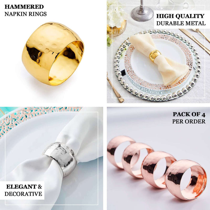 Hammered napkin rings in gold, silver, and rose gold, pack of 4, elegant and decorative.
