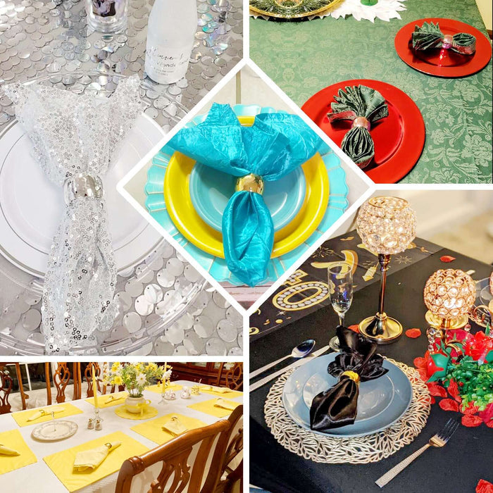 Elegant table settings with decorative napkin folds in vibrant colors.