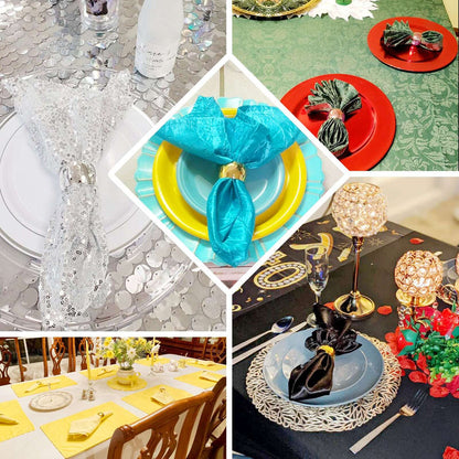 Elegant table settings with decorative napkin folds in vibrant colors.