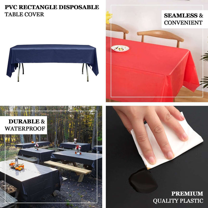 PVC rectangle disposable table cover in various colors, durable and waterproof.