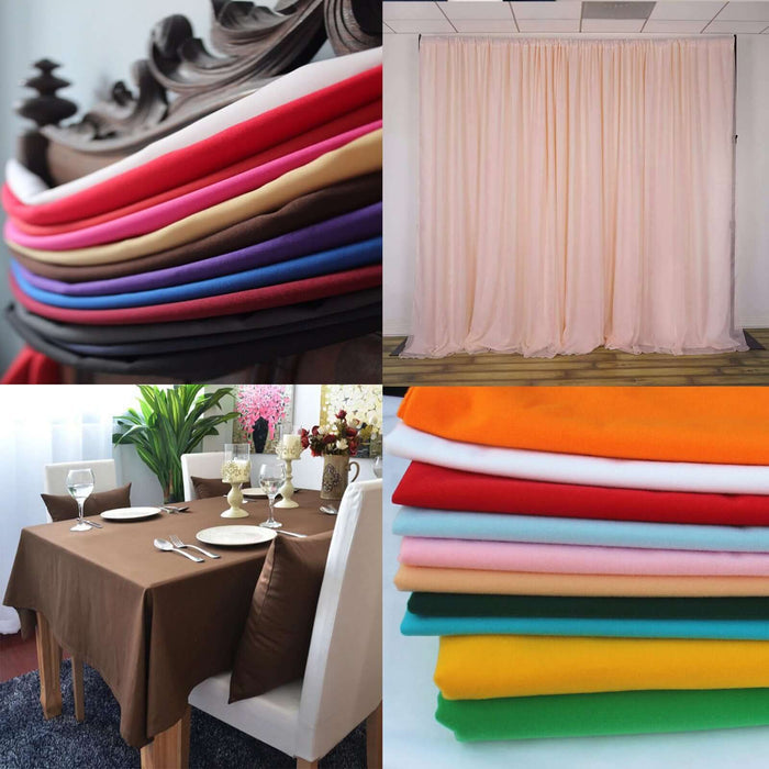Colorful tablecloths displayed in various settings and arrangements.