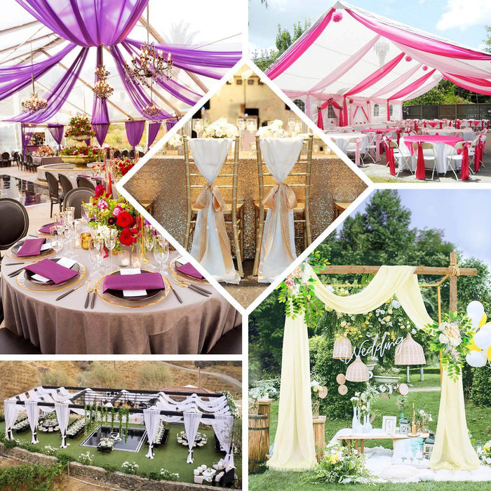 Elegant wedding decor and setup with colorful drapes and floral arrangements.