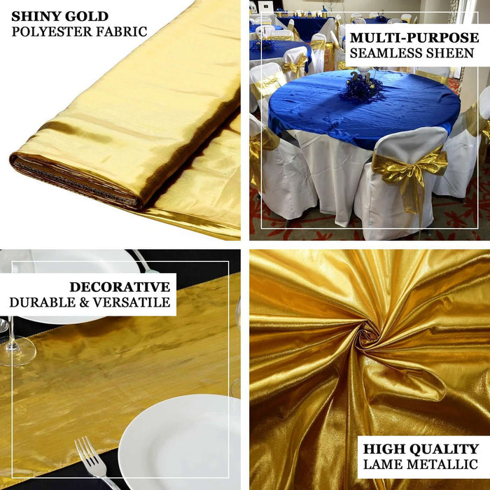 Shiny gold polyester fabric for decorative and versatile use in events and table settings.