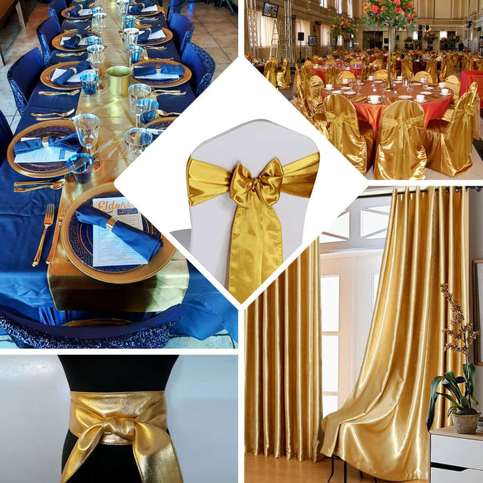 Gold satin table and chair decor for elegant events and celebrations.