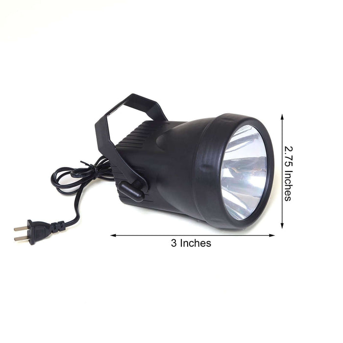 Black portable spotlight with cord, dimensions 3 inches by 2.75 inches.