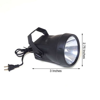Black portable spotlight with cord, dimensions 3 inches by 2.75 inches.