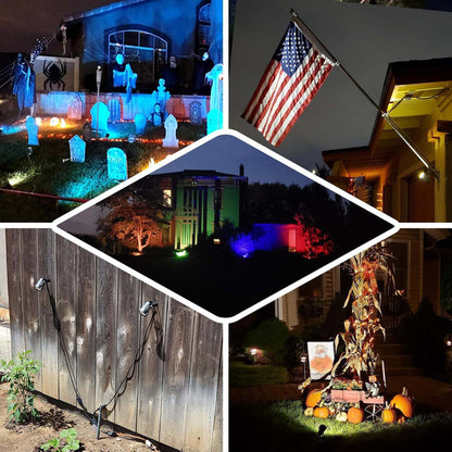 Halloween outdoor decorations with spooky themes and festive lights at night.