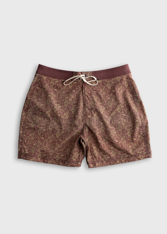 Brown patterned swim trunks with a drawstring waist, featuring intricate geometric designs on a light gray background.