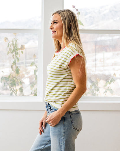 Be There Striped Short Sleeve Sweater - Apple Green Staccato