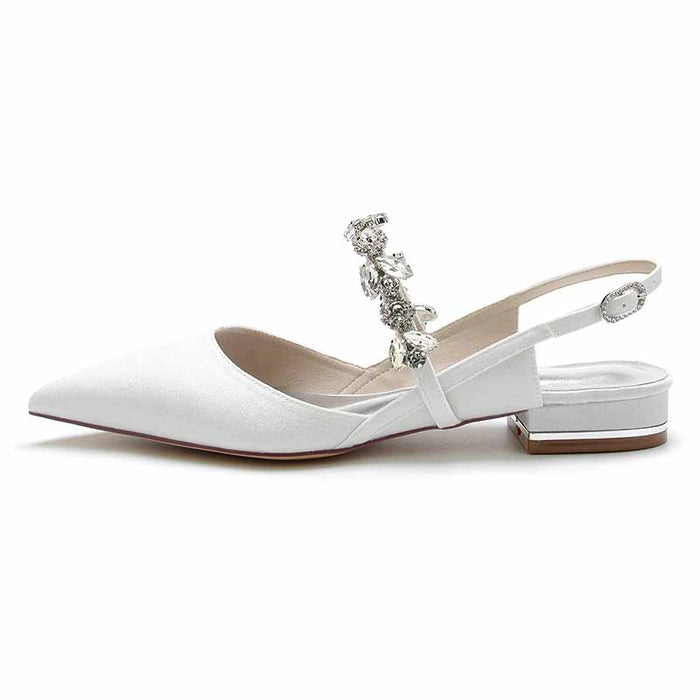 Bridal rhinestone low heel shoes in white with elegant design and slingback style