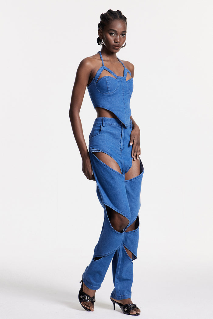 Chreste Cutout Corset Denim Pants Set