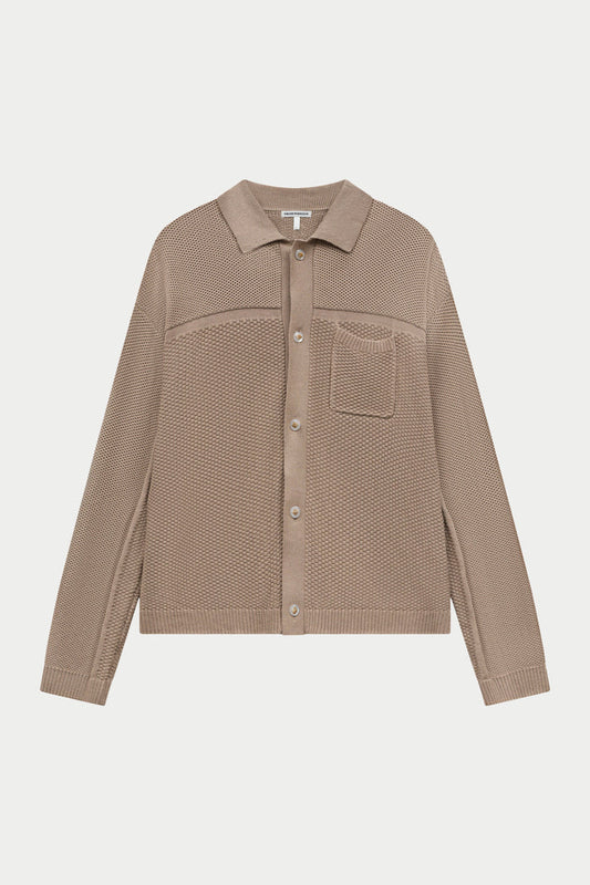 CONTRAST KNIT CROCHET LONG SLEEVE SHIRT - BROWN